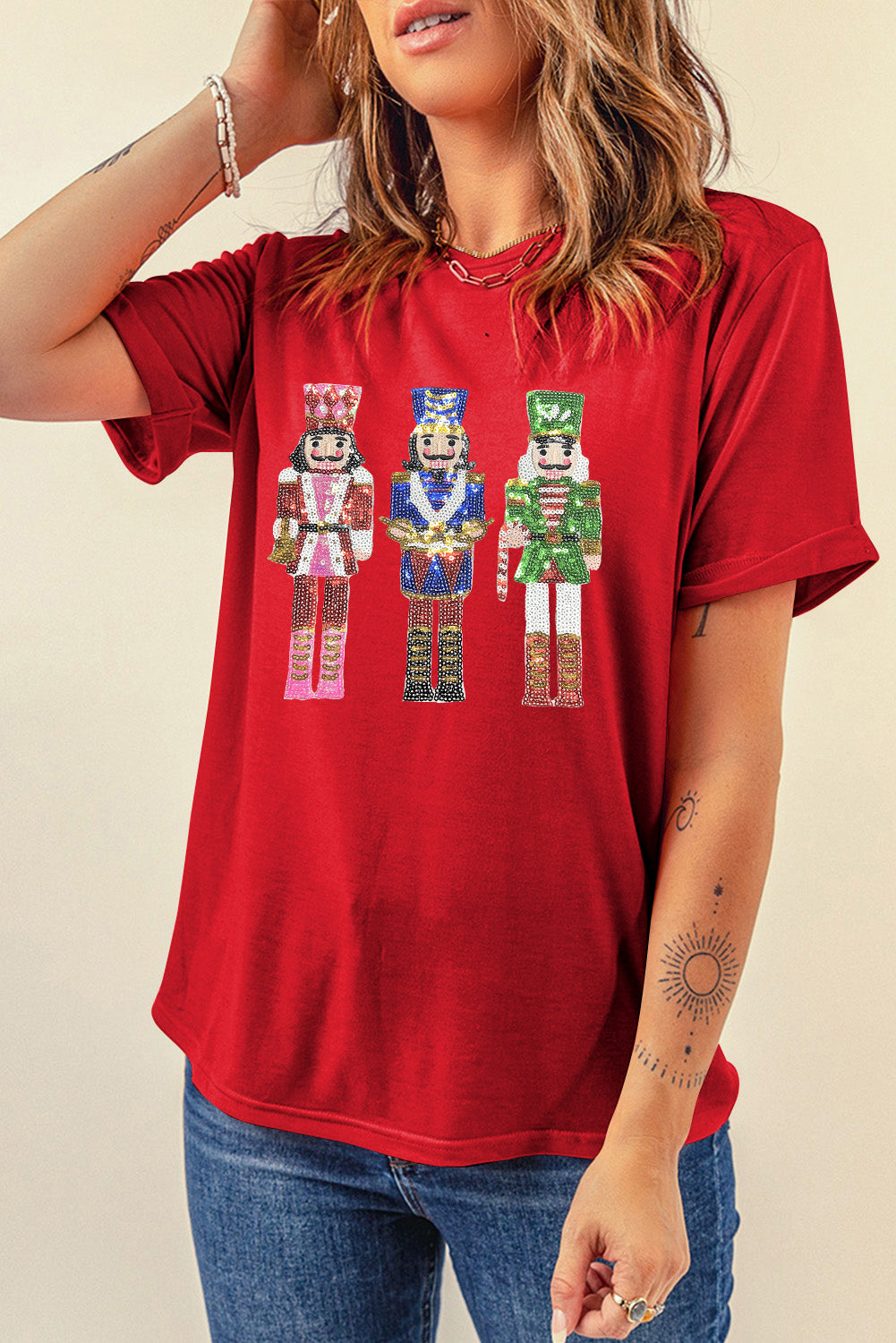 Red Sequined Christmas Nutcracker-man Graphic Cuffed Short Sleeve T Shirt