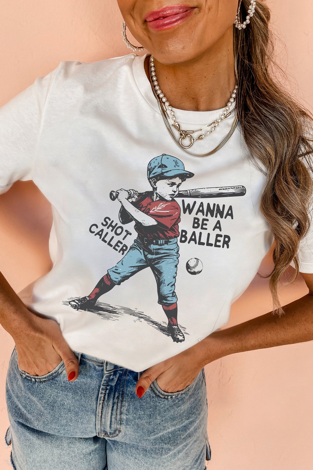 White SHOT CALLER WANNA BE A BALLER Casual Graphic Tee