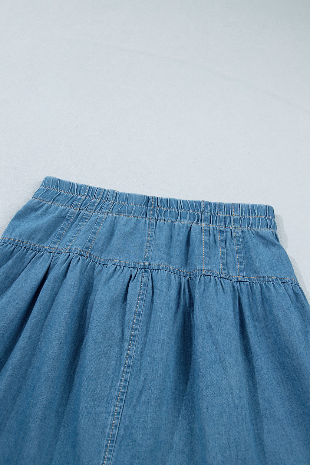 Sky Blue Half Buttons Pleated High Waist 100% Cotton Denim Mini Skirt
