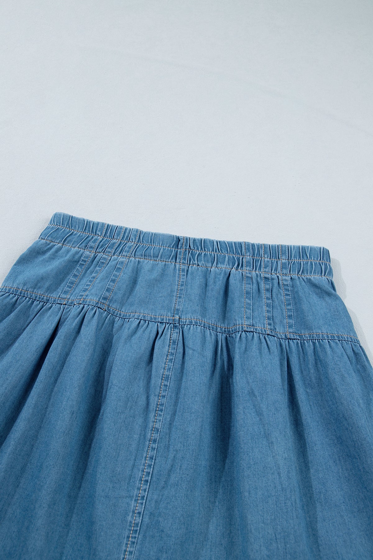 Sky Blue Half Buttons Pleated High Waist 100% Cotton Denim Mini Skirt