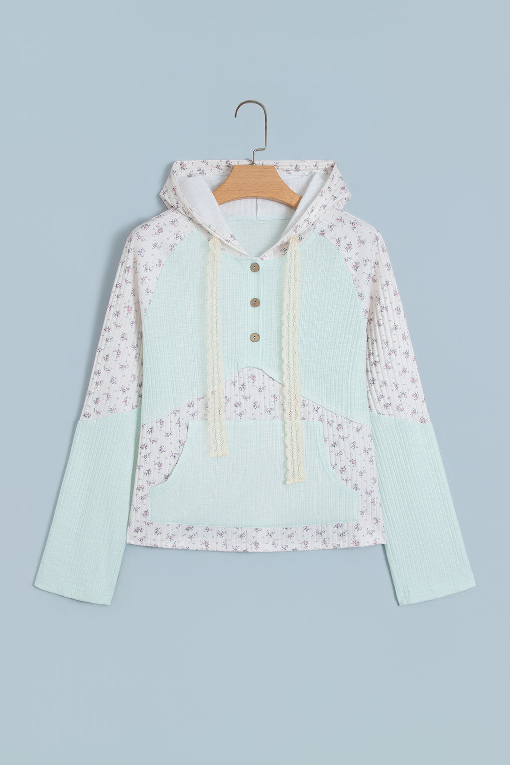 Clearly Aqua Textured Floral Patchwork Button Hooded Long Sleeve Top