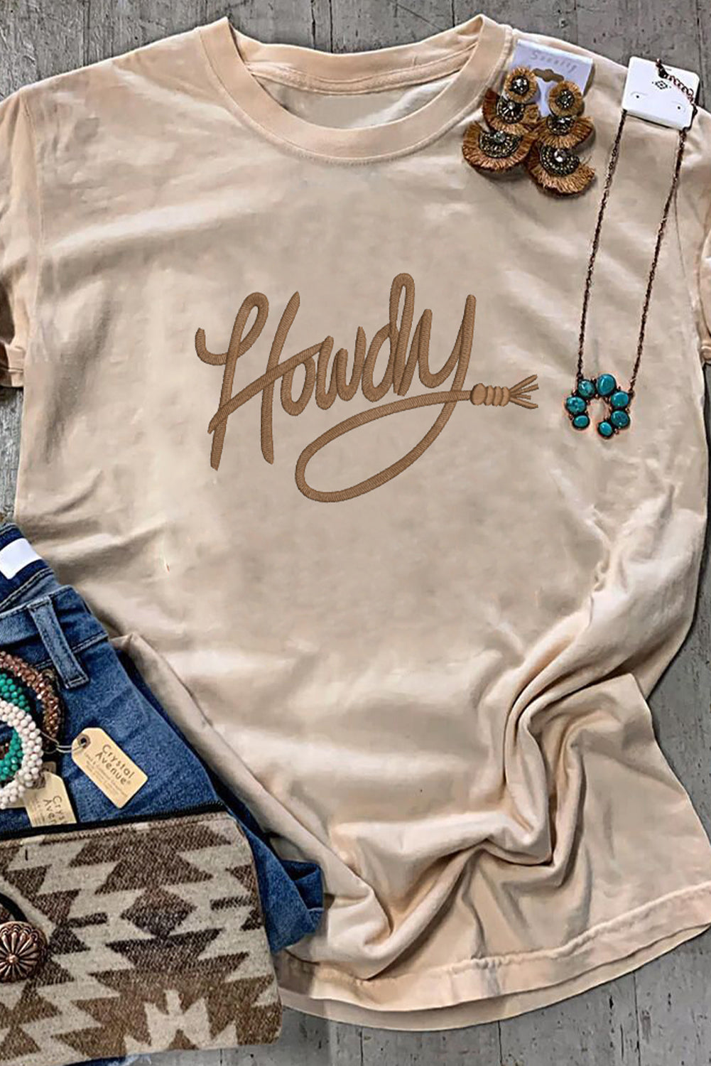Khaki Howdy Embroidered Graphic Western Tee