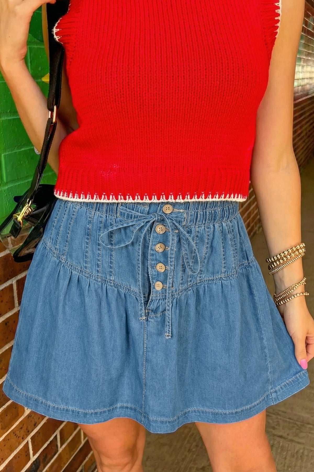 Sky Blue Half Buttons Pleated High Waist 100% Cotton Denim Mini Skirt