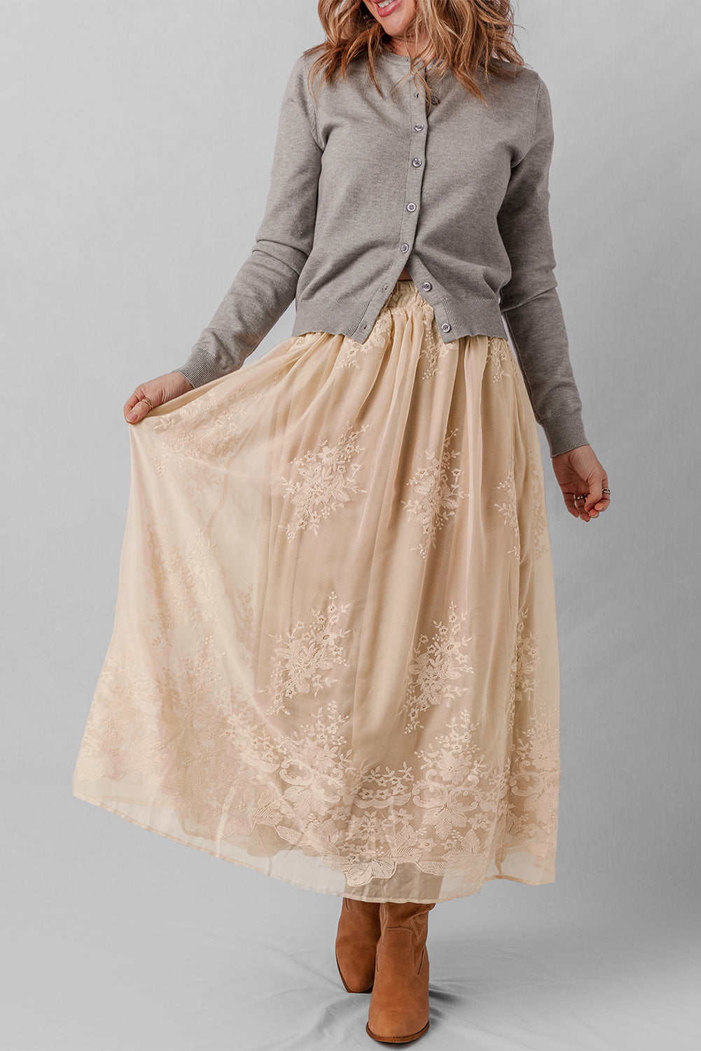Oatmeal Embroidered Mesh Overlay Flowy Long Skirt