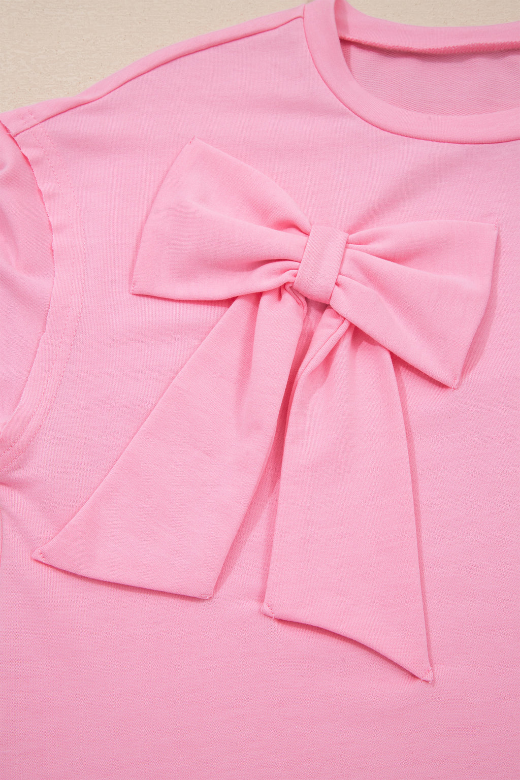 Pink Solid Color Raw Edge Bow Patch Loose T Shirt