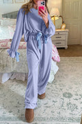 Beau Blue Flounce Long Sleeve Top Drawstring Pants Contrast Velvet Bow Knot 2pcs Lounge Set