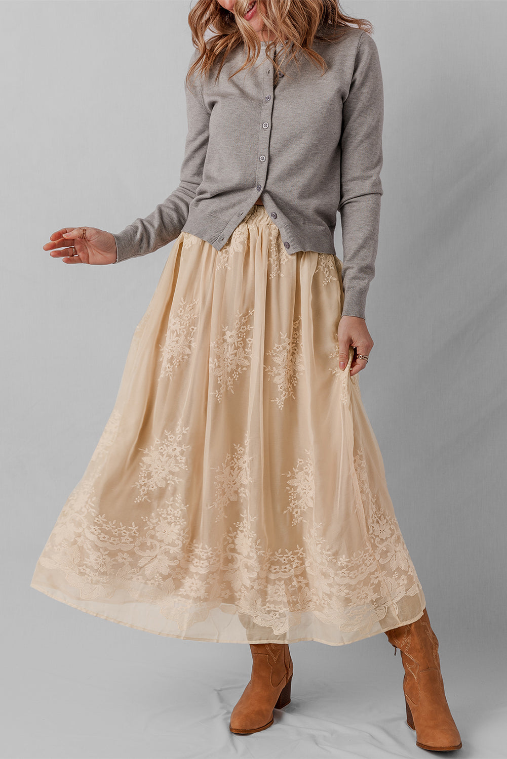 Oatmeal Embroidered Mesh Overlay Flowy Long Skirt