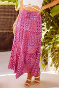 Purple Tiered Paisley Print Pocketed Maxi Skirt