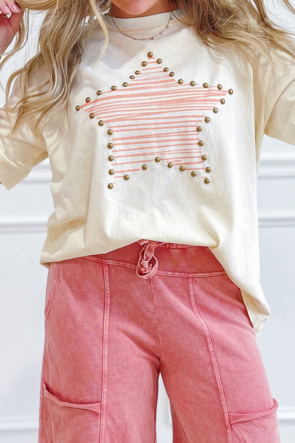Beige Star Print Stud Detail Cotton Jersey Top