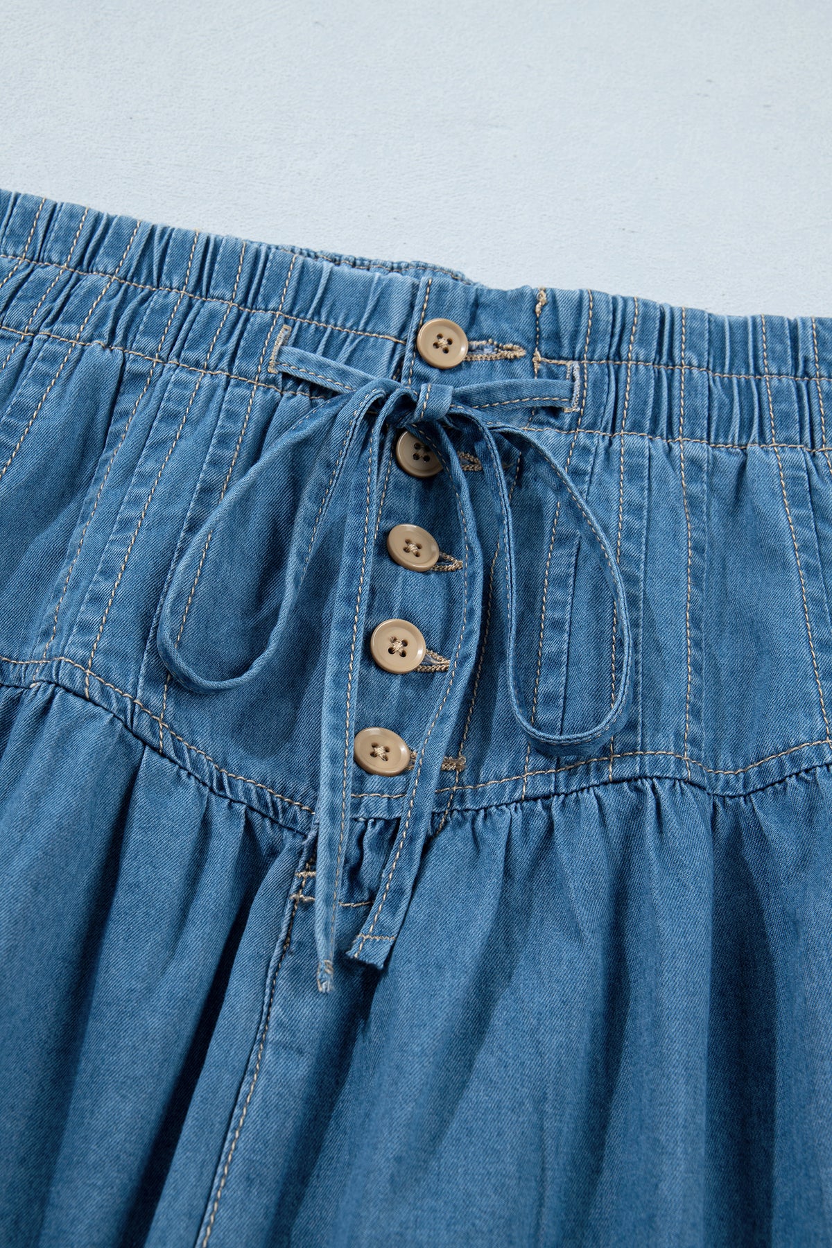 Sky Blue Half Buttons Pleated High Waist 100% Cotton Denim Mini Skirt