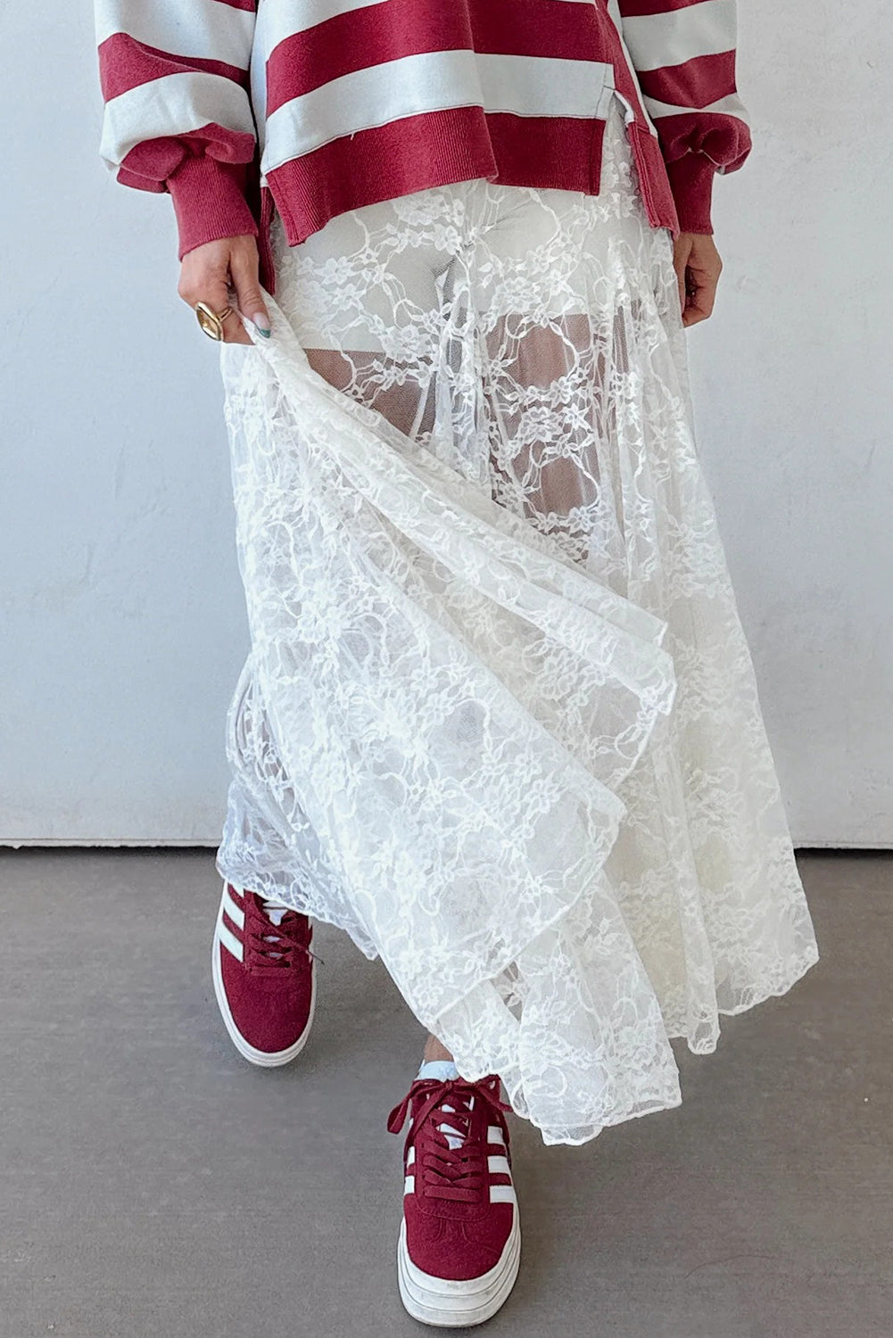 White Sheer Floral Lace Flowy Maxi Skirt