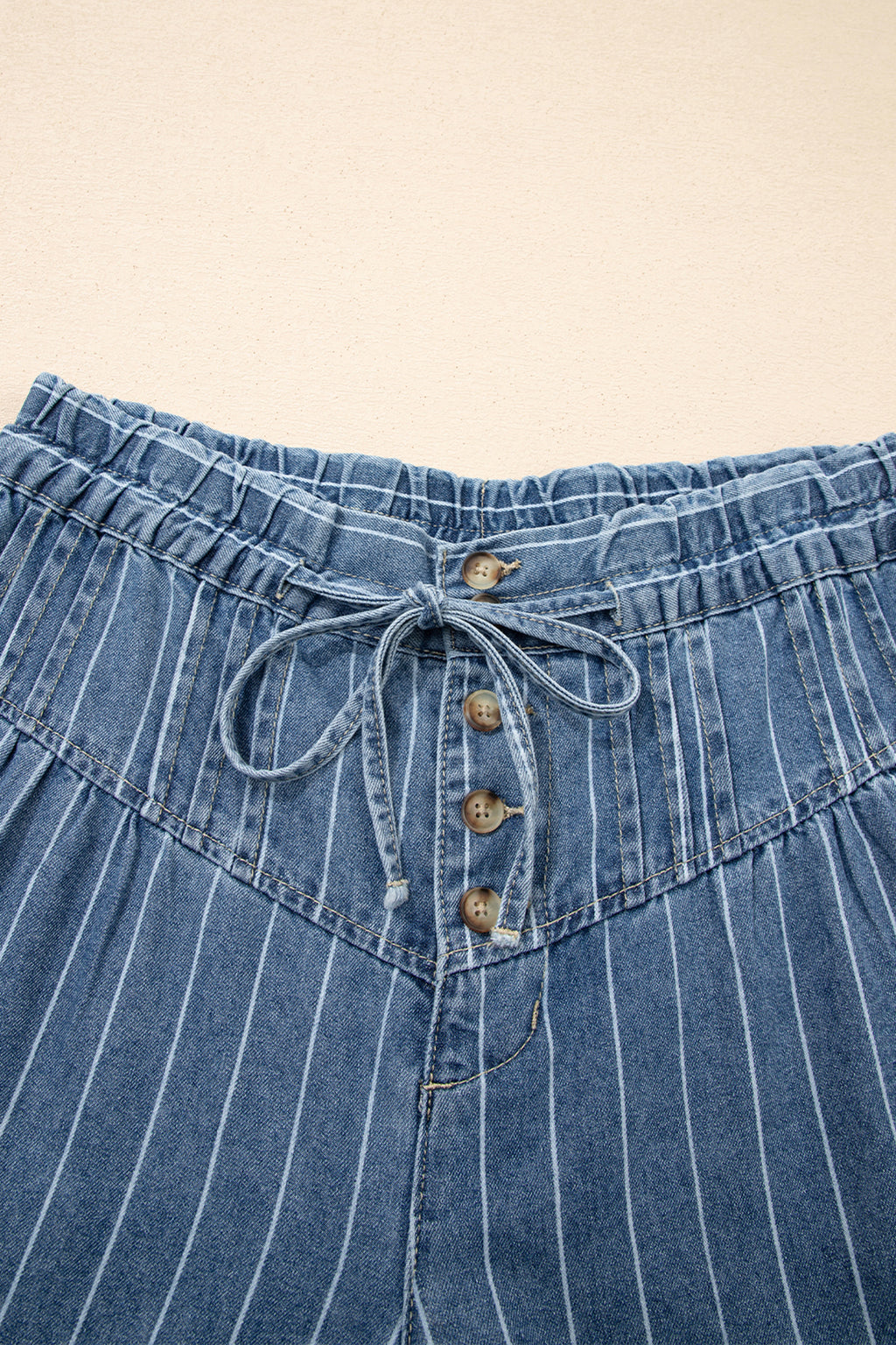 Sky Blue Stripe Button Pleated Drawstring Waist Casual Wide Leg Jeans