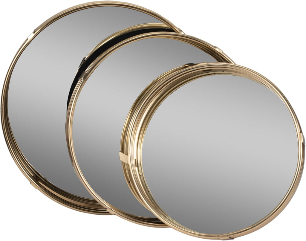 Set of 3 Round Mirrored Trays, Gold Metal Frame Decorative Serving & Vanity Trays, 14" 16" 18", Glam Home Decor