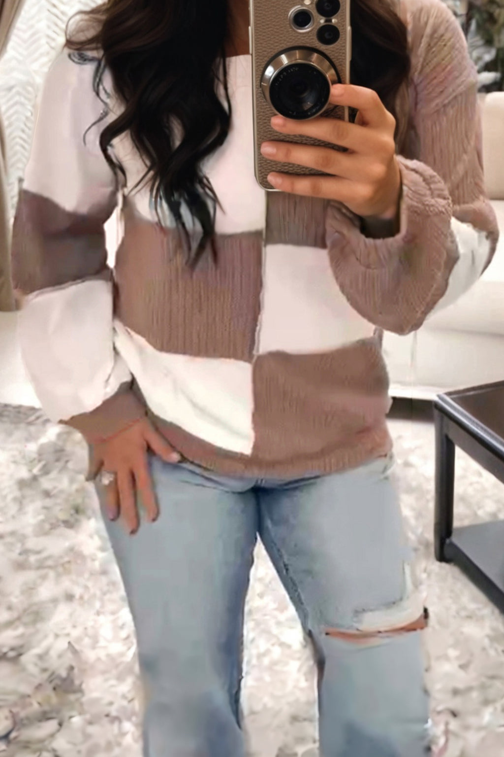 Dark Khaki Colorblock Checkered Raw Seamed Round Neck Knitted Jumper