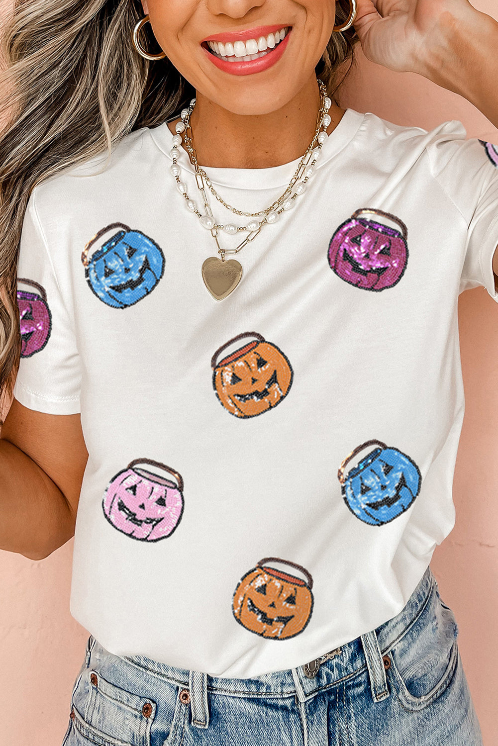 White Sequin Pumpkin Face Patched Crew Neck Holiday T Shirt