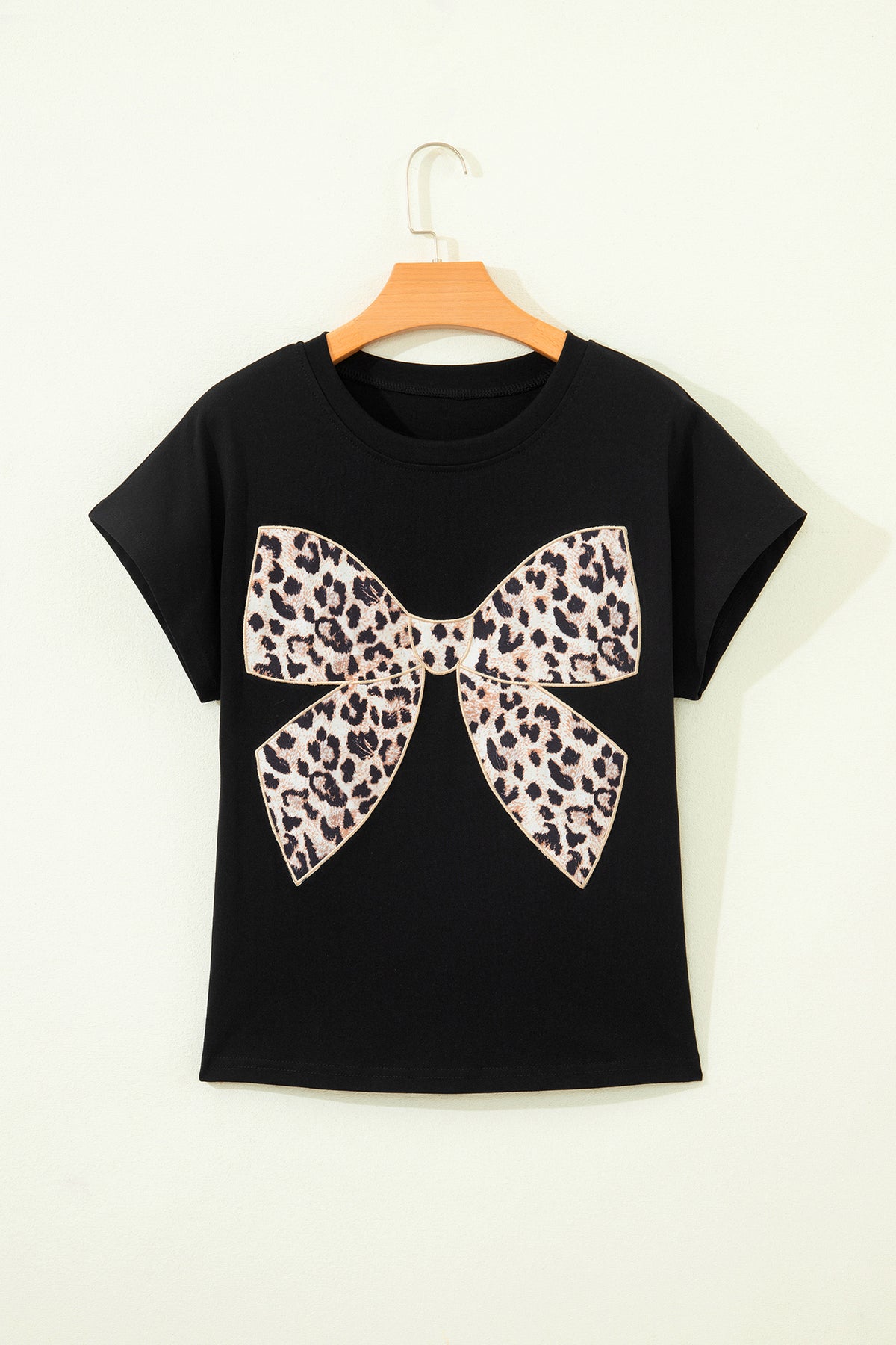 White Leopard Bow Embroidered Cotton Round Neck T Shirt