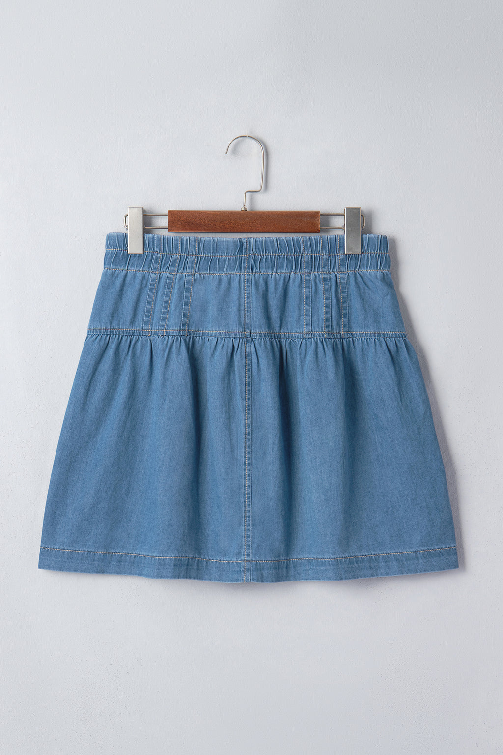 Sky Blue Half Buttons Pleated High Waist 100% Cotton Denim Mini Skirt
