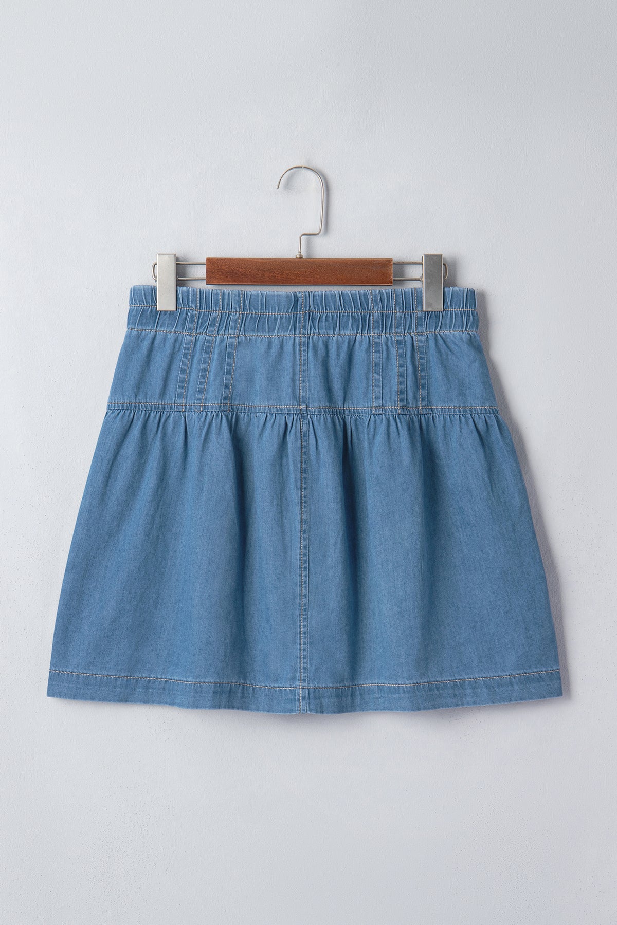 Sky Blue Half Buttons Pleated High Waist 100% Cotton Denim Mini Skirt