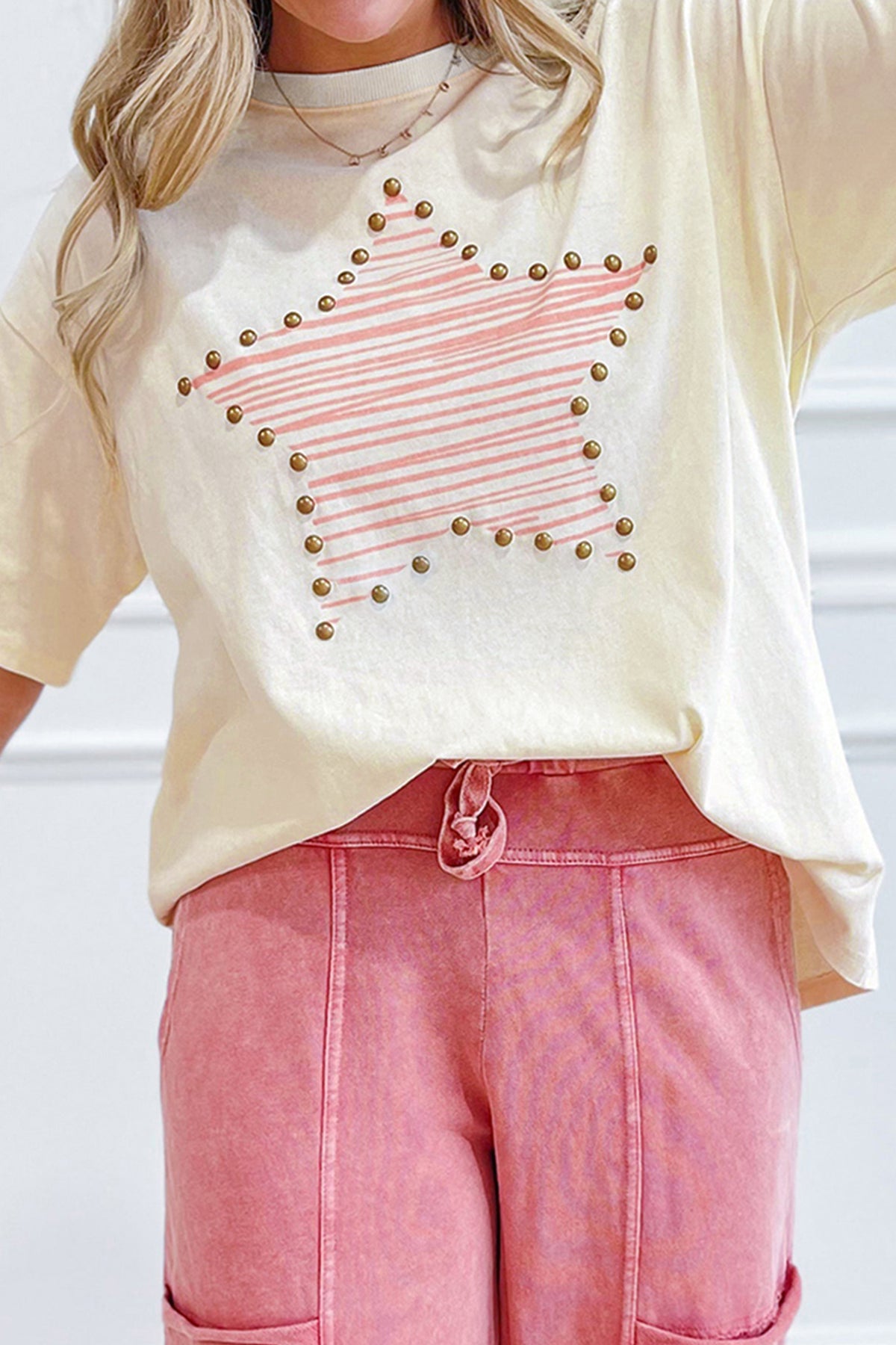 Beige Star Print Stud Detail Cotton Jersey Top