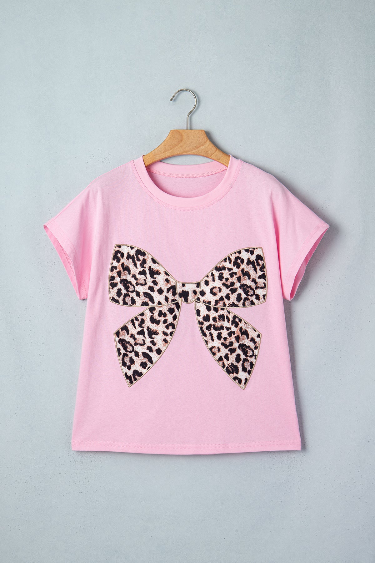 White Leopard Bow Embroidered Cotton Round Neck T Shirt