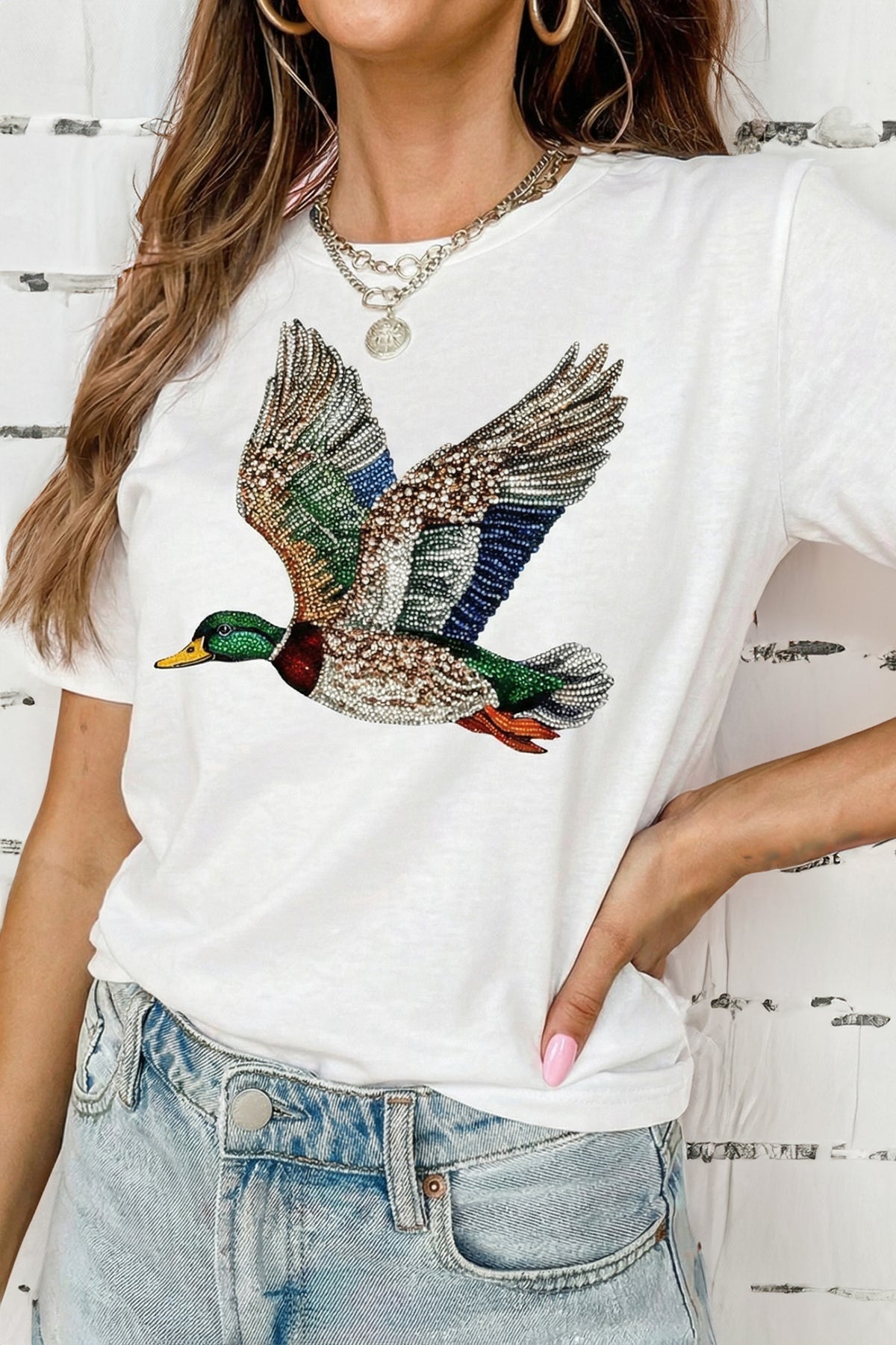 White Flying Mallard Print Crew Neck T Shirt