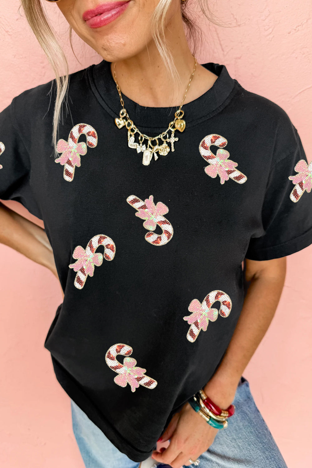 Black Sequined Candy Cane Patched Pattern Holiday T Shirt
