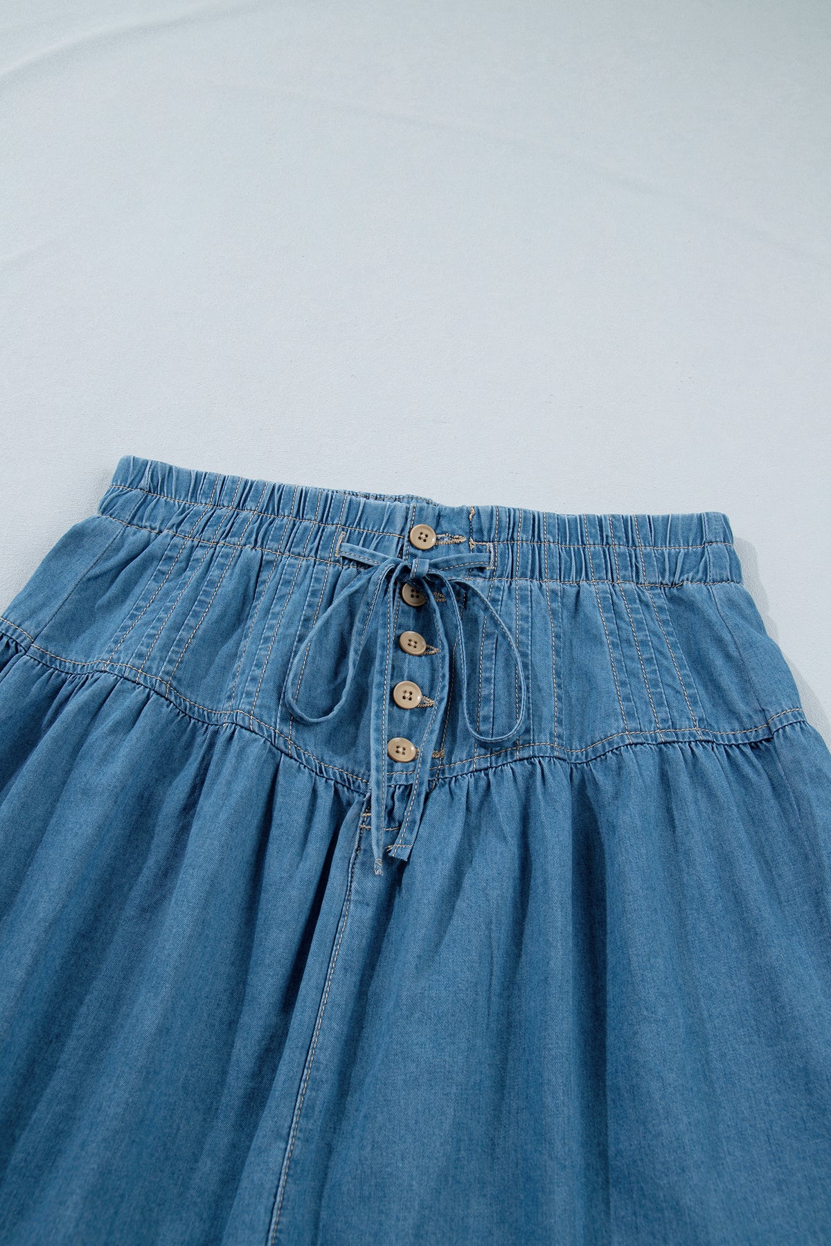 Sky Blue Half Buttons Pleated High Waist 100% Cotton Denim Mini Skirt