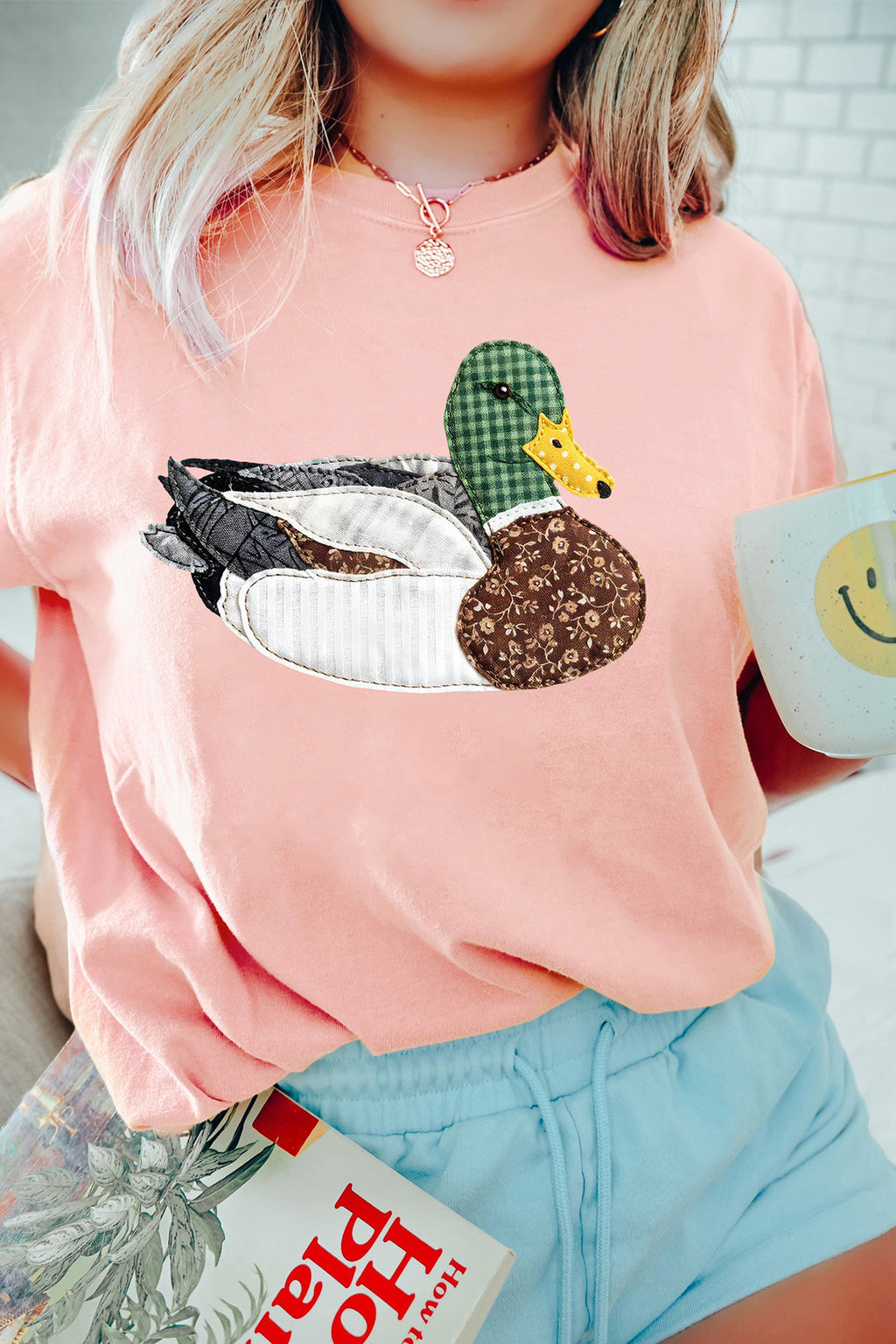 Pink Faux Quilted Mallard Casual Round Neck Tee