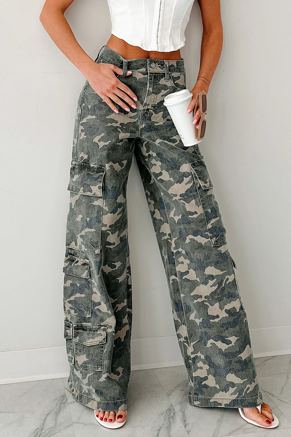 Green Camo Cargo Wide Leg Pants