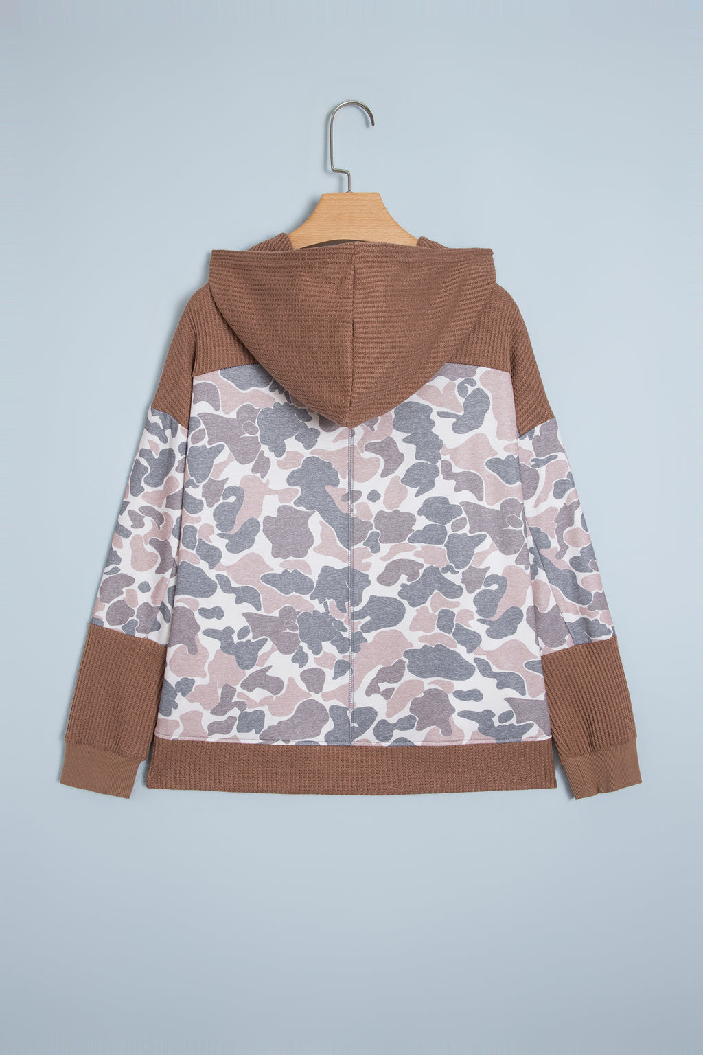 Khaki Camouflage Print Waffled Patchwork Loose Pullover Hoodie