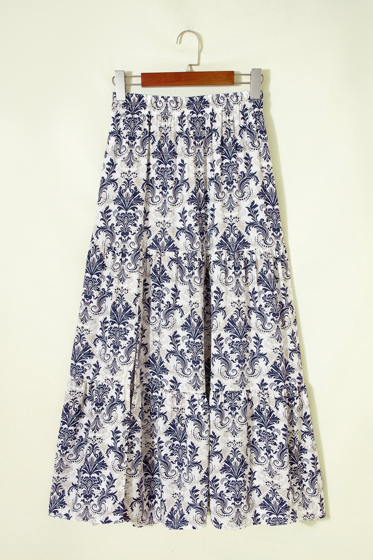 Sky Blue Bohemian Floral Print Tiered Maxi Skirt with Split
