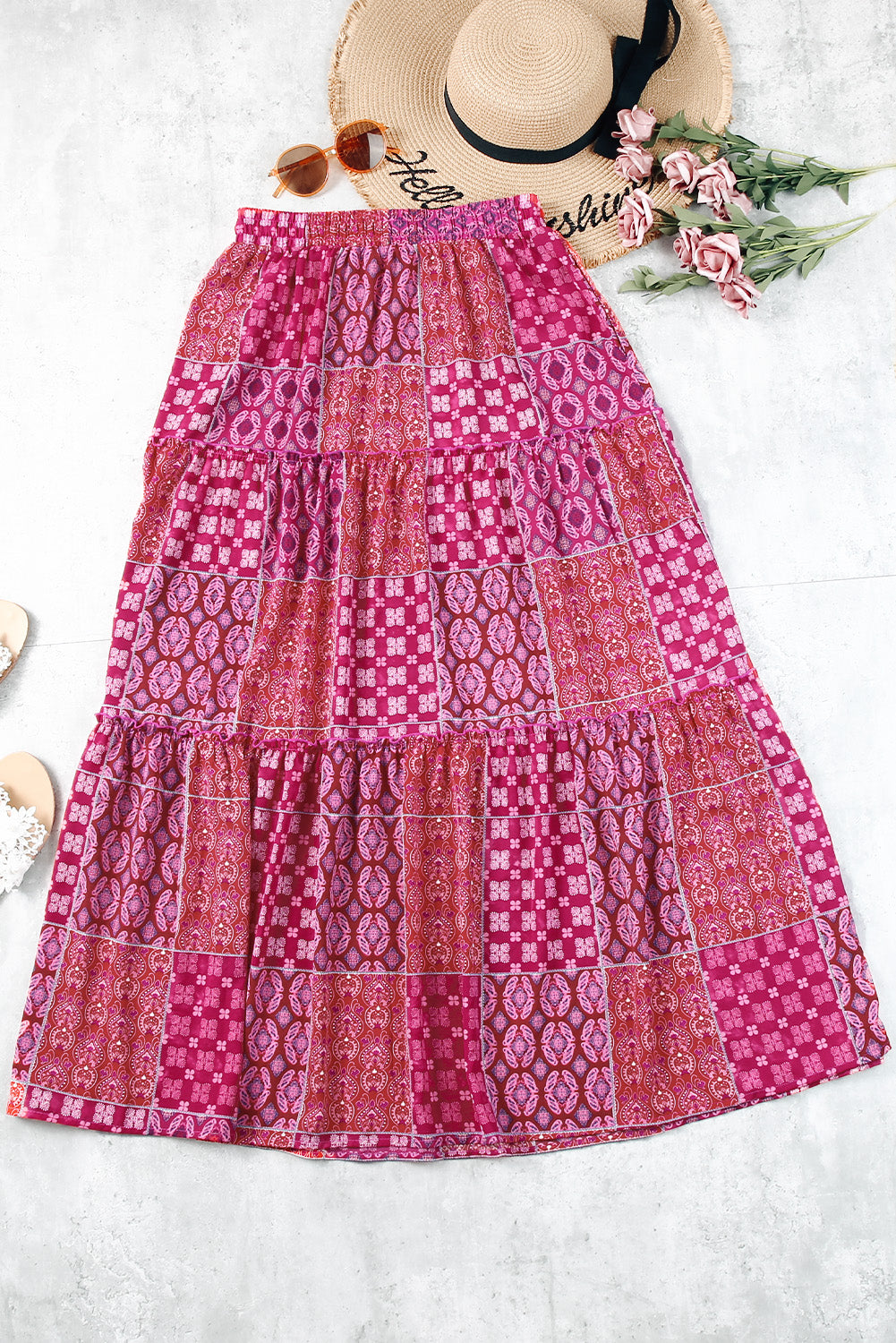 Purple Tiered Paisley Print Pocketed Maxi Skirt