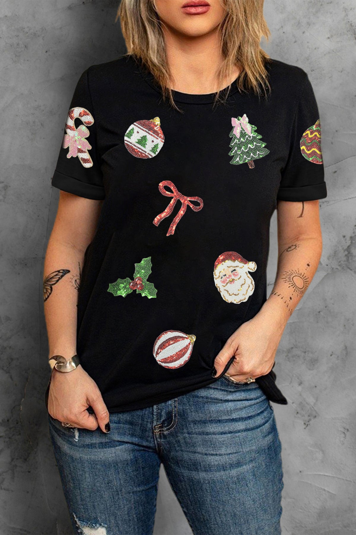 Black Multi Christmas Element Sequin Patched Graphic Tee