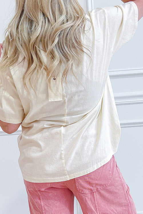 Beige Star Print Stud Detail Cotton Jersey Top