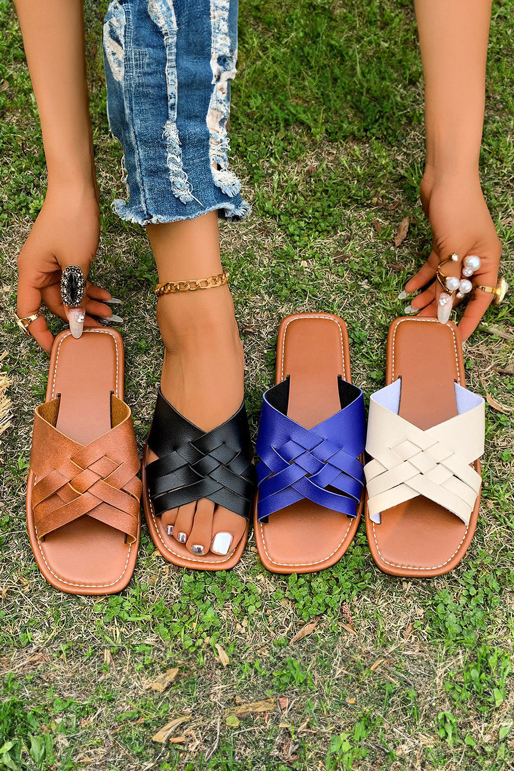 Coffee Crossed Woven Faux Leather Flat Fashion Slippers