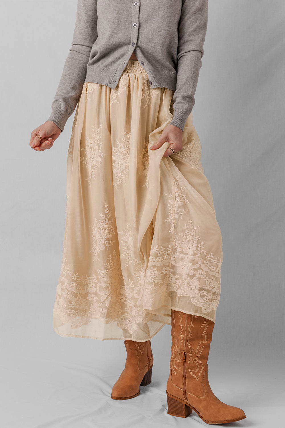 Oatmeal Embroidered Mesh Overlay Flowy Long Skirt