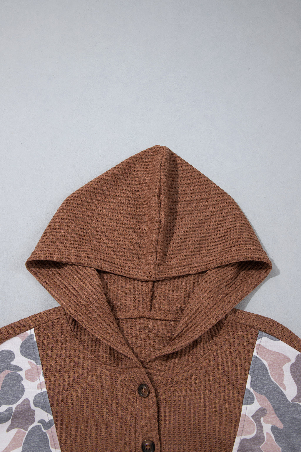 Khaki Camouflage Print Waffled Patchwork Loose Pullover Hoodie