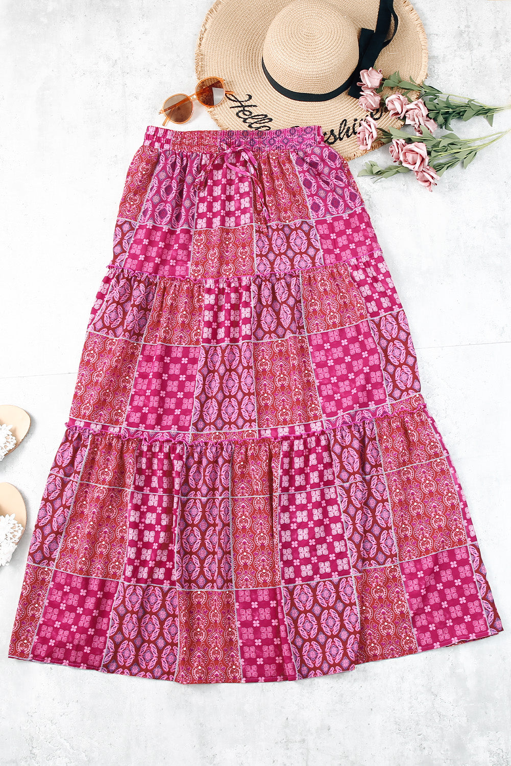 Purple Tiered Paisley Print Pocketed Maxi Skirt