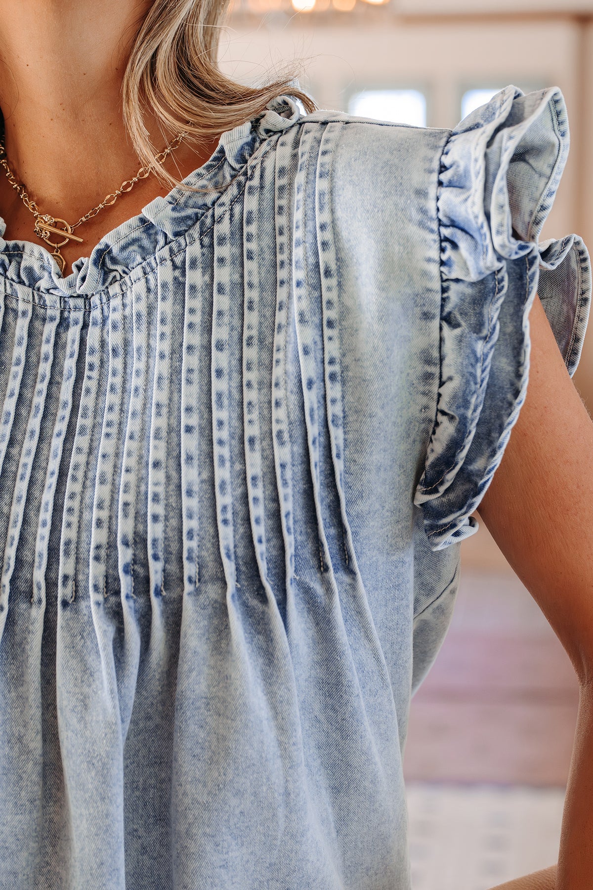 Beau Blue Ruffle Pleated Detail Vintage Washed Denim Top