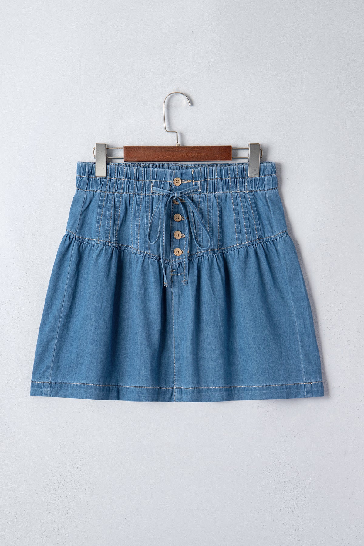 Sky Blue Half Buttons Pleated High Waist 100% Cotton Denim Mini Skirt
