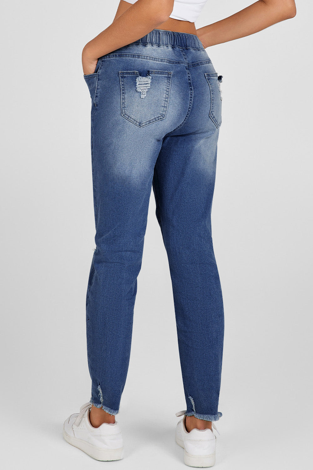 Dark Blue Elastic Waist Straight Leg Destroyed Raw Hem Jeans