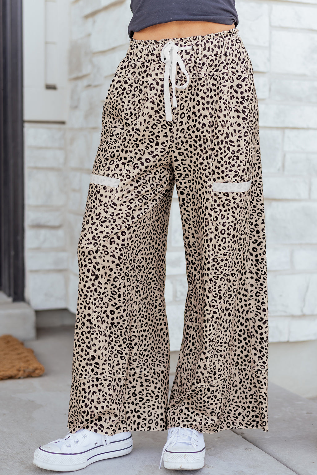 Khaki Animal Print Wide Leg Terry Knit Pants