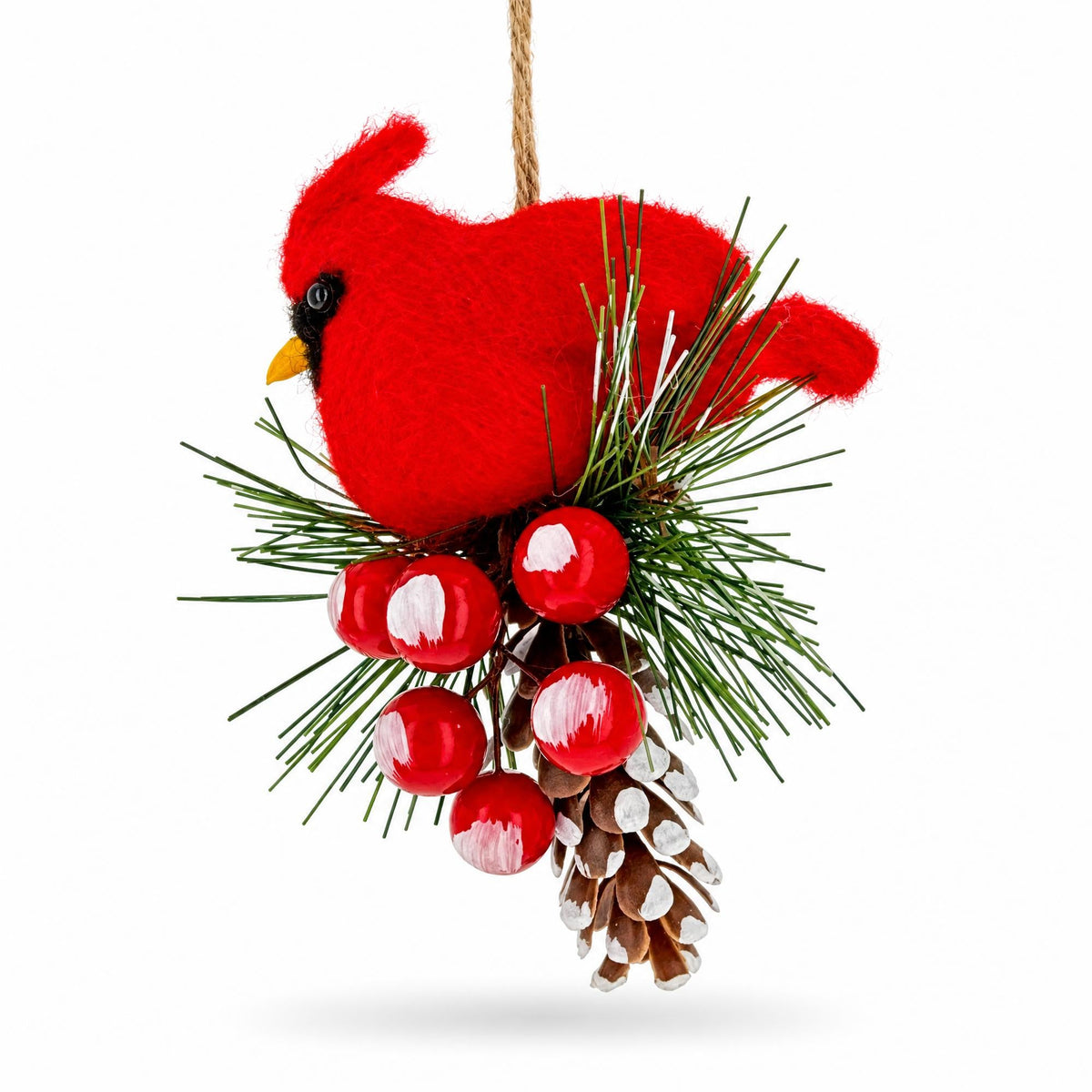 Red Cardinal On Snowy Pinecone Felt Fabric Christmas Ornament